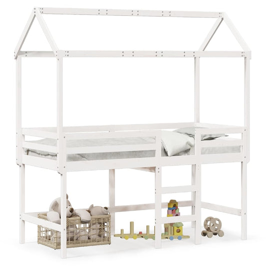 Cama alta c/ escada e telhado 90x200 cm pinho maciço branco