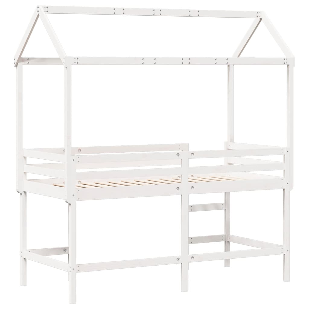 Cama alta c/ escada e telhado 90x190 cm pinho maciço branco