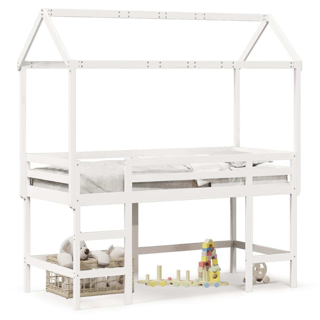 Cama alta c/ escada e telhado 90x190 cm pinho maciço branco