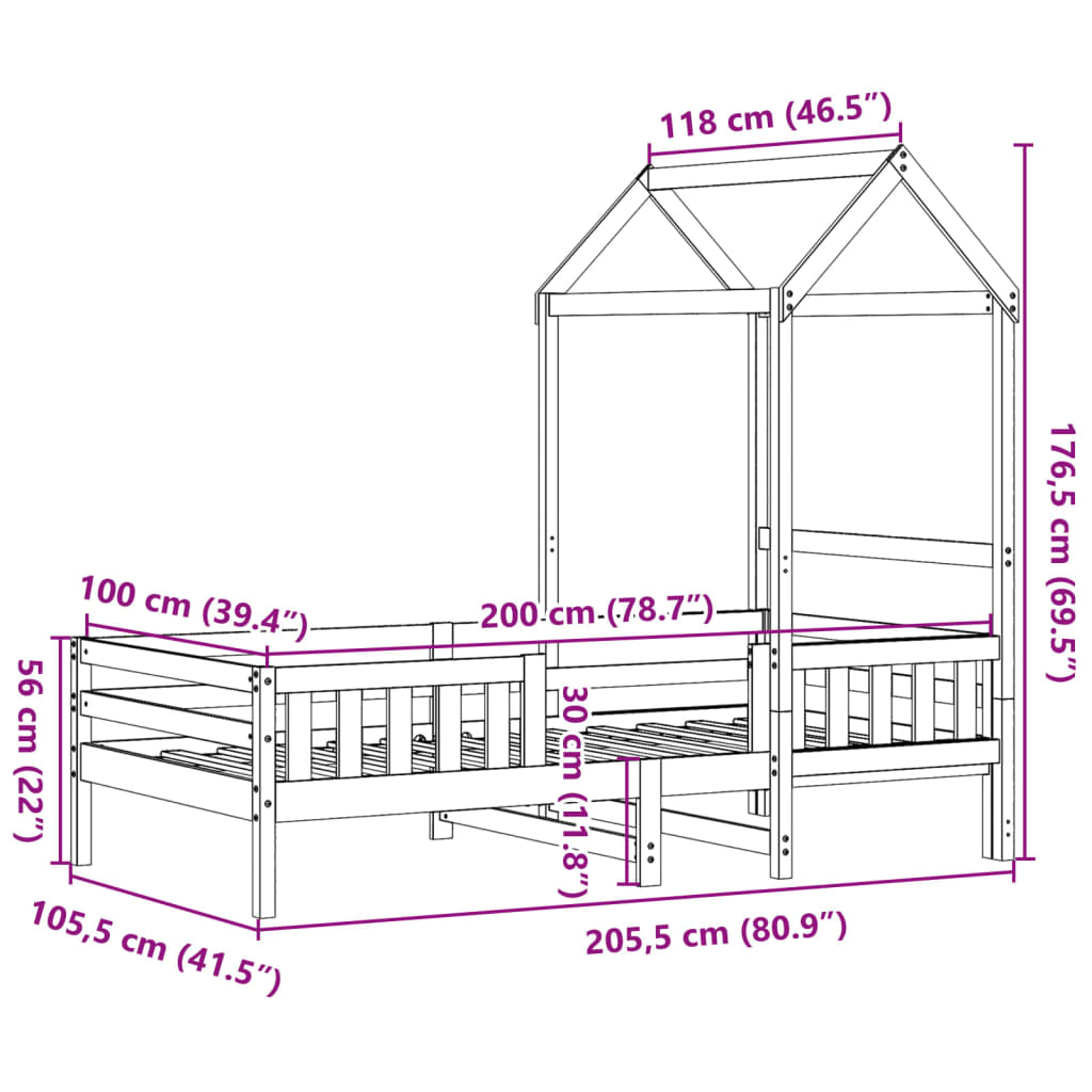 Estrutura de cama com telhado 100x200 cm pinho maciço branco