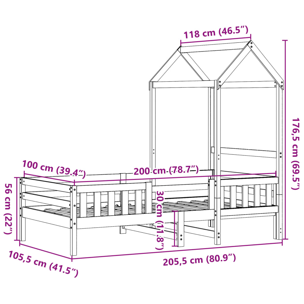 Estrutura cama c/ telhado 100x200 cm pinho maciço castanho-mel