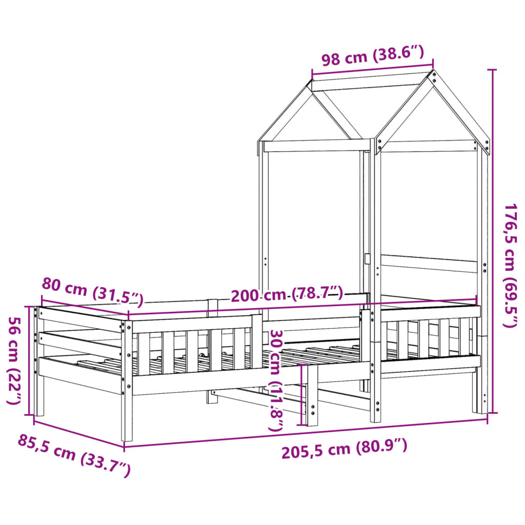 Estrutura de cama c/ telhado 80x200cm pinho maciço castanho-mel