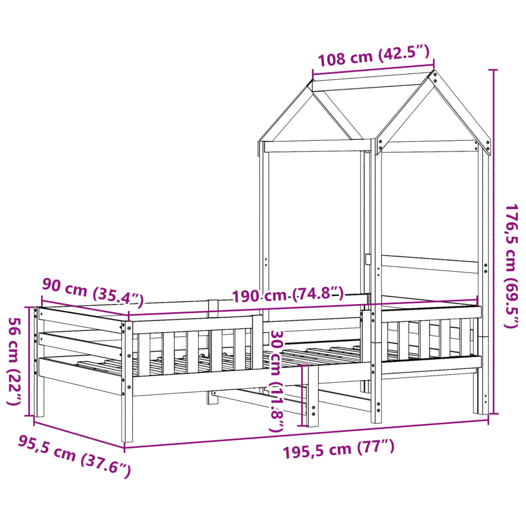 Estrutura de cama com telhado 90x190 cm pinho maciço branco