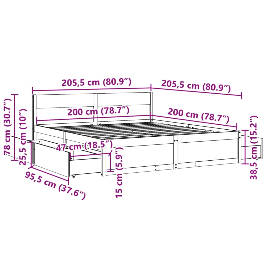 Estrutura de cama c/ gavetas 200x200 cm pinho maciço branco