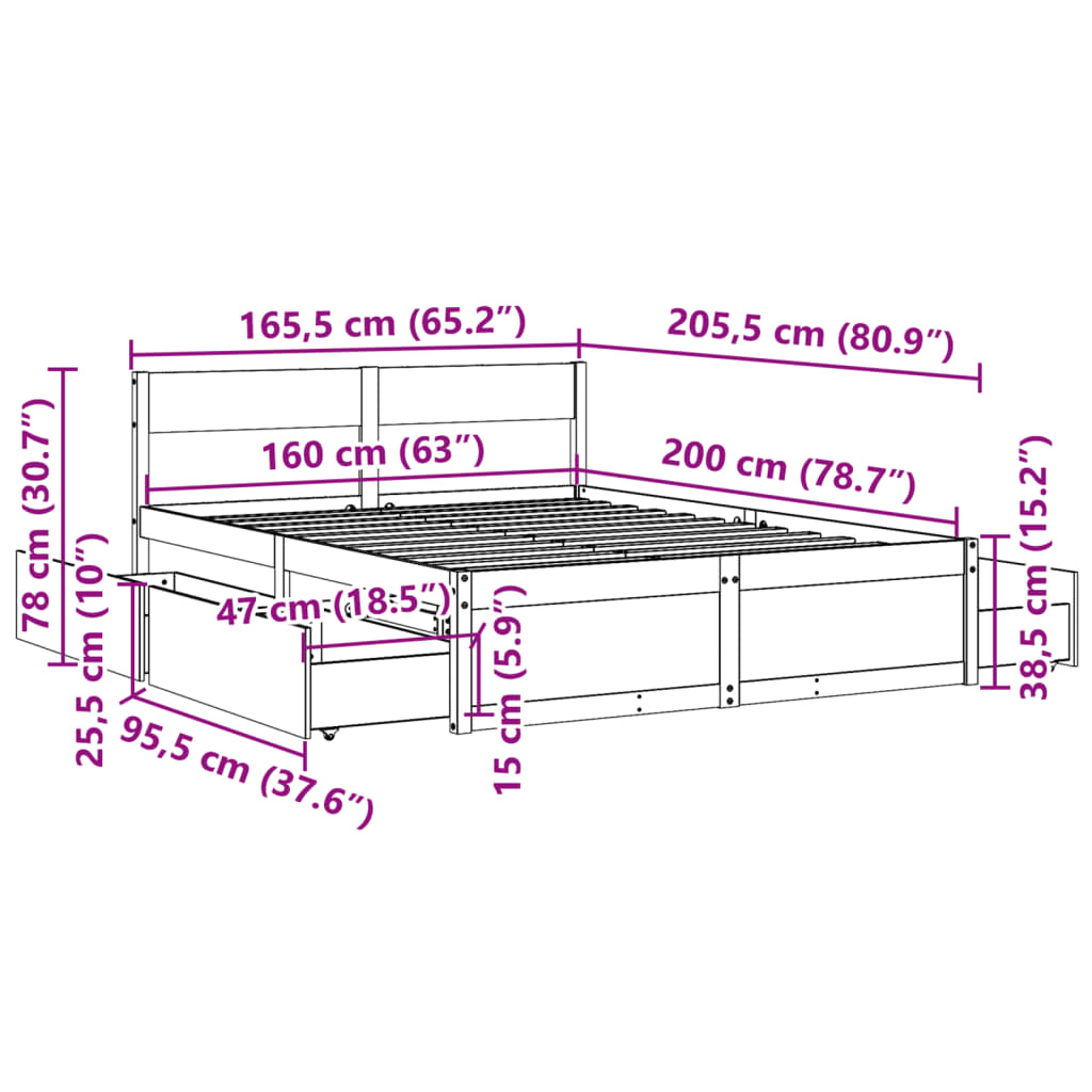 Estrutura de cama com gavetas 160x200 cm pinho maciço branco