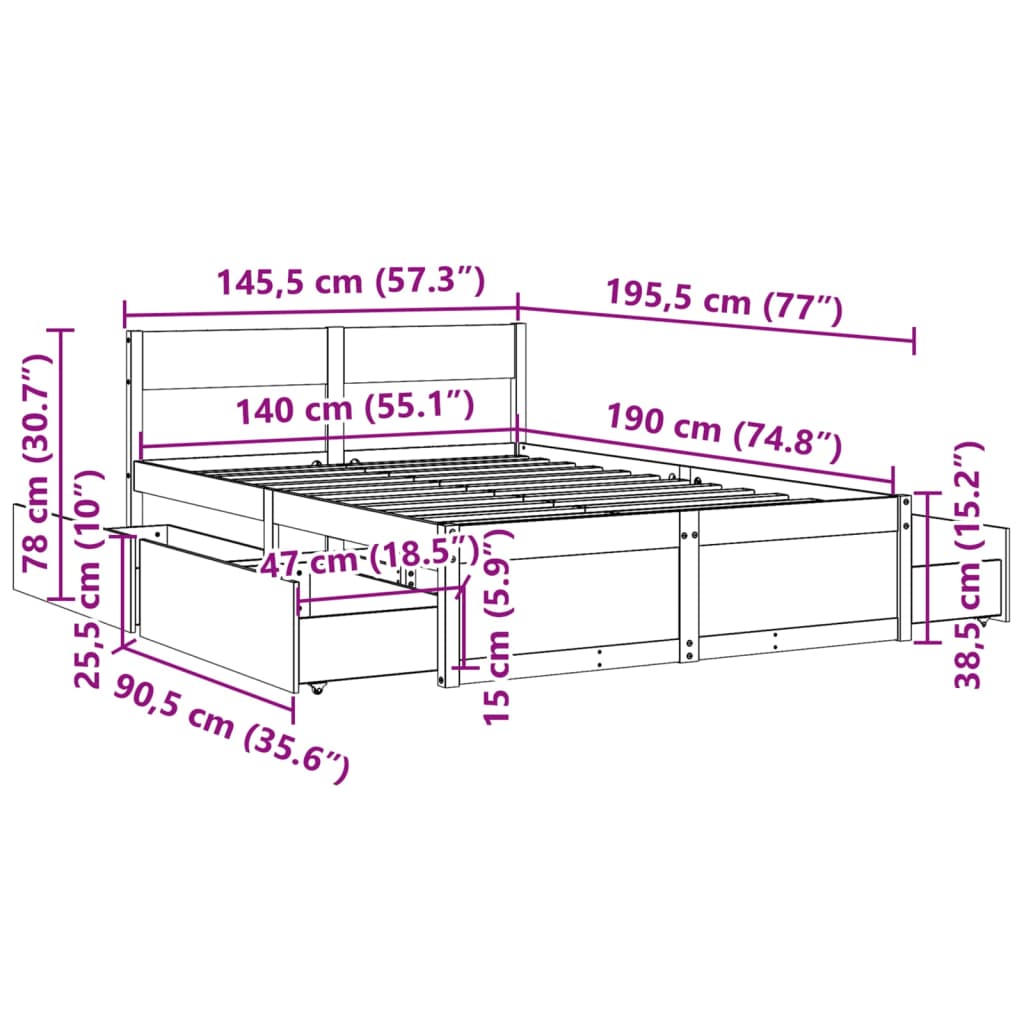 Estrutura de cama c/ gavetas 140x190 cm madeira de pinho maciça