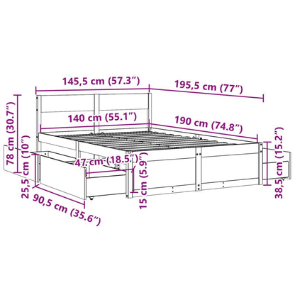 Estrutura de cama c/ gavetas 140x190 cm madeira de pinho maciça