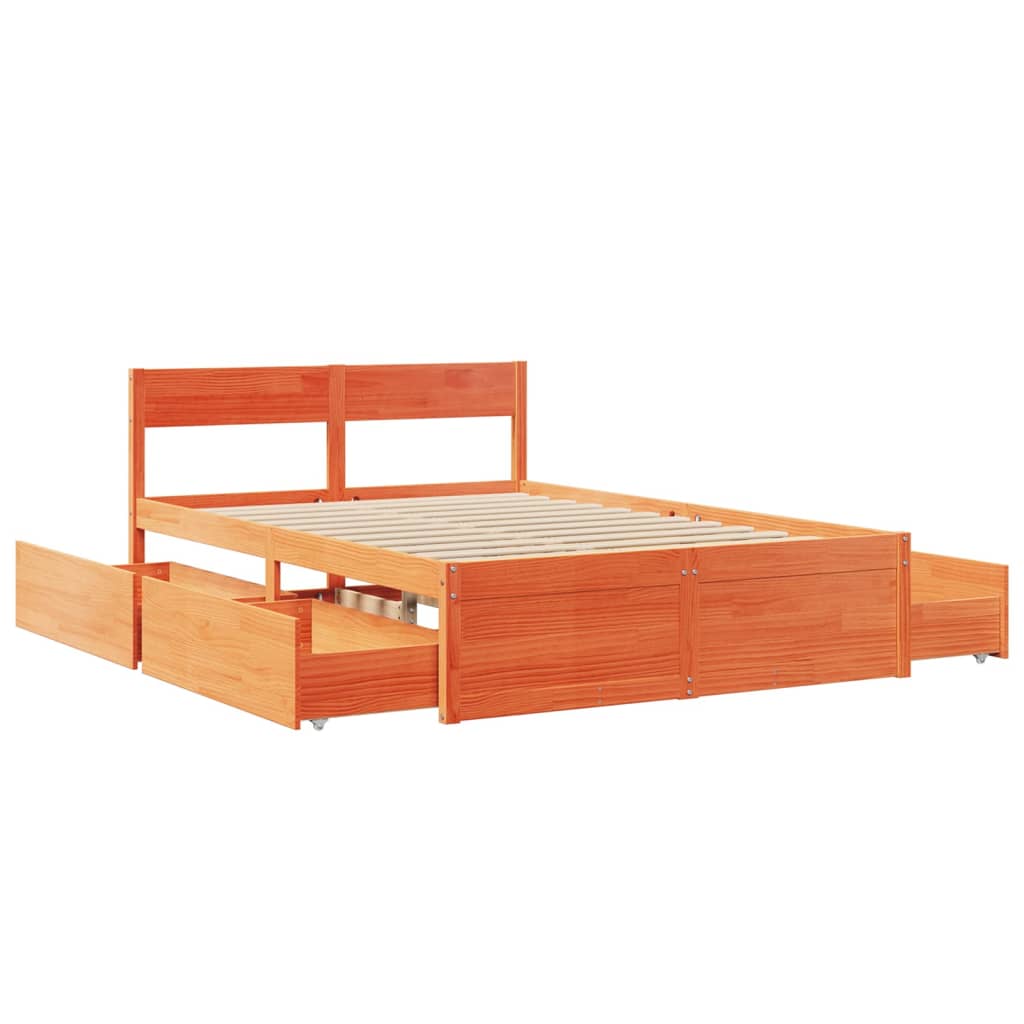 Estrutura cama c/ gavetas 140x190 cm pinho maciço castanho-mel