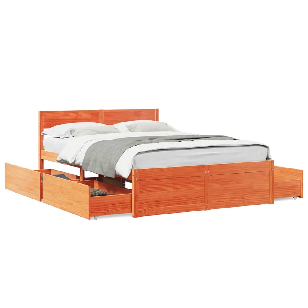 Estrutura cama c/ gavetas 140x190 cm pinho maciço castanho-mel