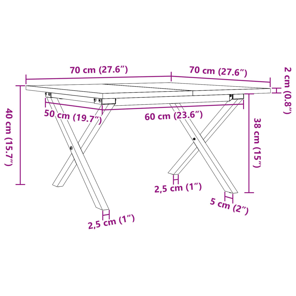 Mesa de centro estrutura em X 70x70x40 cm pinho e ferro fundido