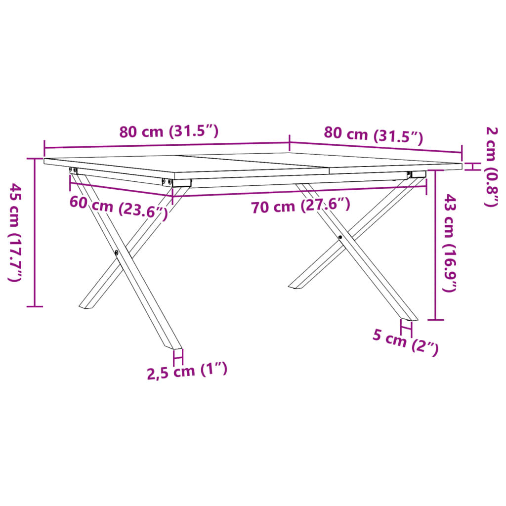 Mesa de centro estrutura em X 80x80x45 cm pinho e ferro fundido