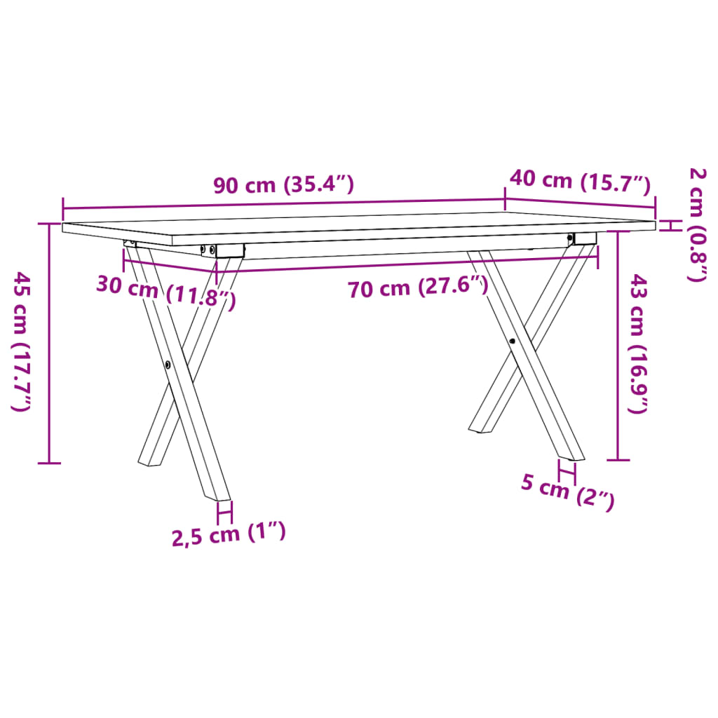 Mesa de centro estrutura em X 90x40x45 cm pinho e ferro fundido