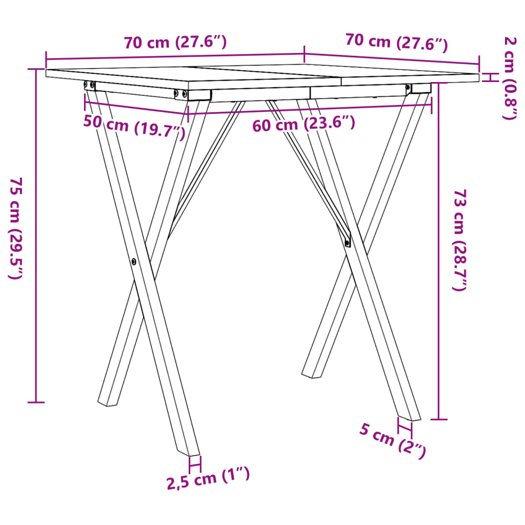 Mesa de jantar estrutura em X 70x70x75 cm pinho e ferro fundido