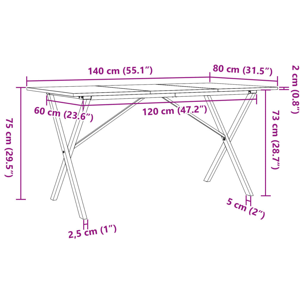 Mesa de jantar estrutura em X 140x80x75cm pinho e ferro fundido