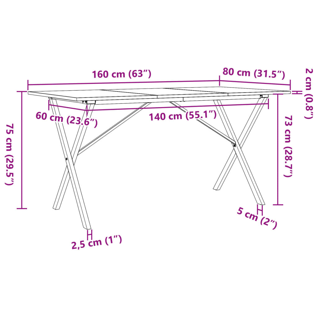 Mesa de jantar estrutura em X 160x80x75cm pinho e ferro fundido