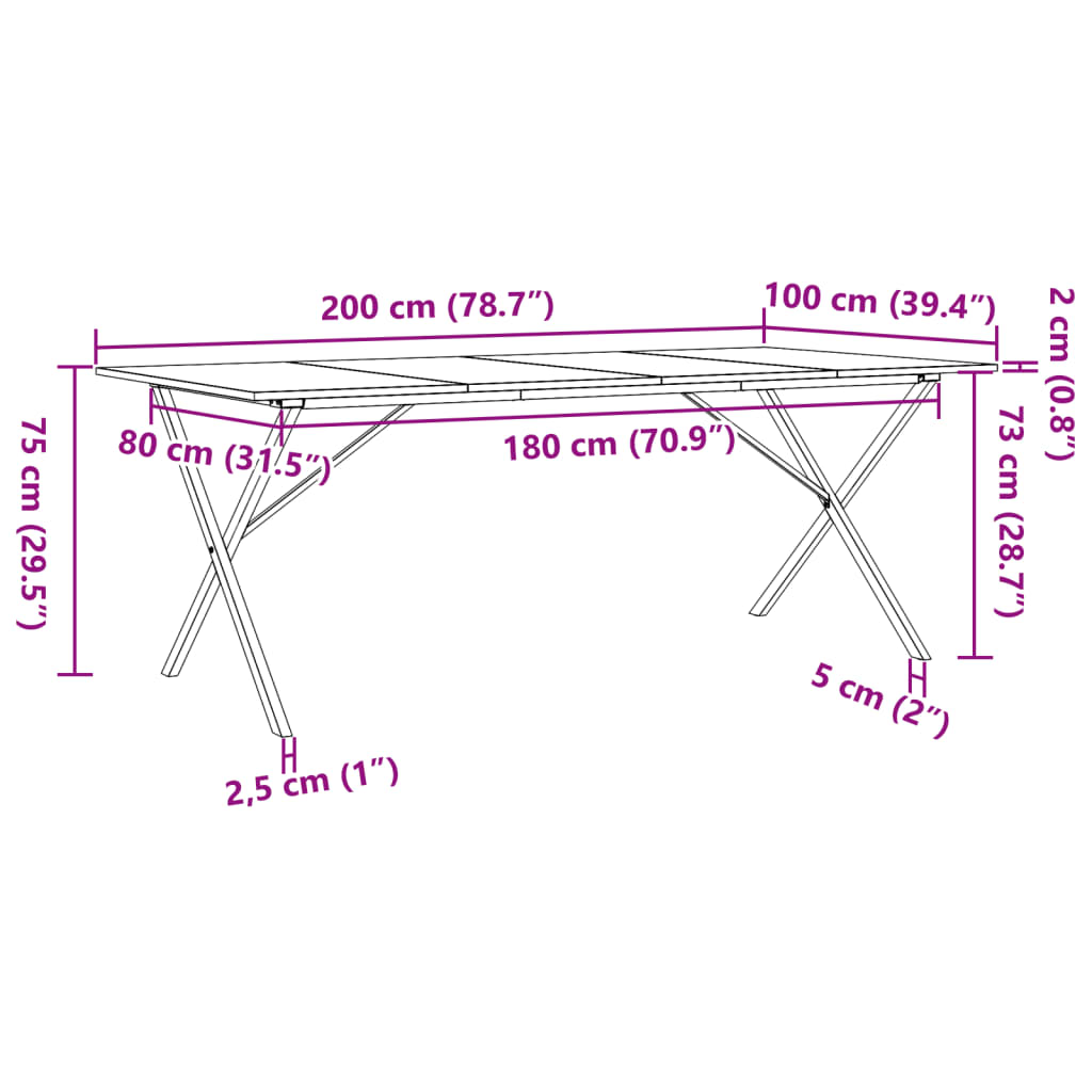 Mesa de jantar estrutura em X 200x100x75 cm pinho/ferro fundido