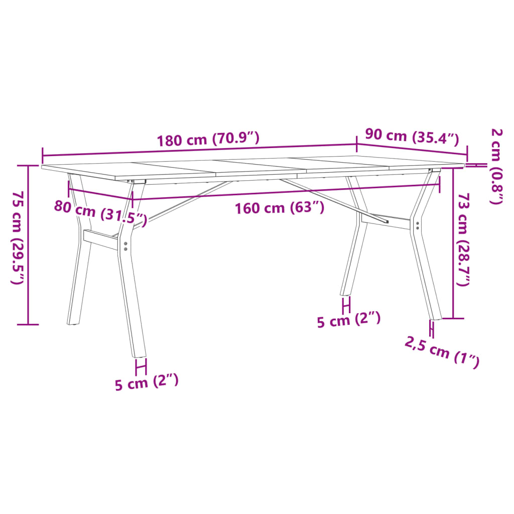 Mesa de jantar estrutura em Y 180x90x75cm pinho e ferro fundido