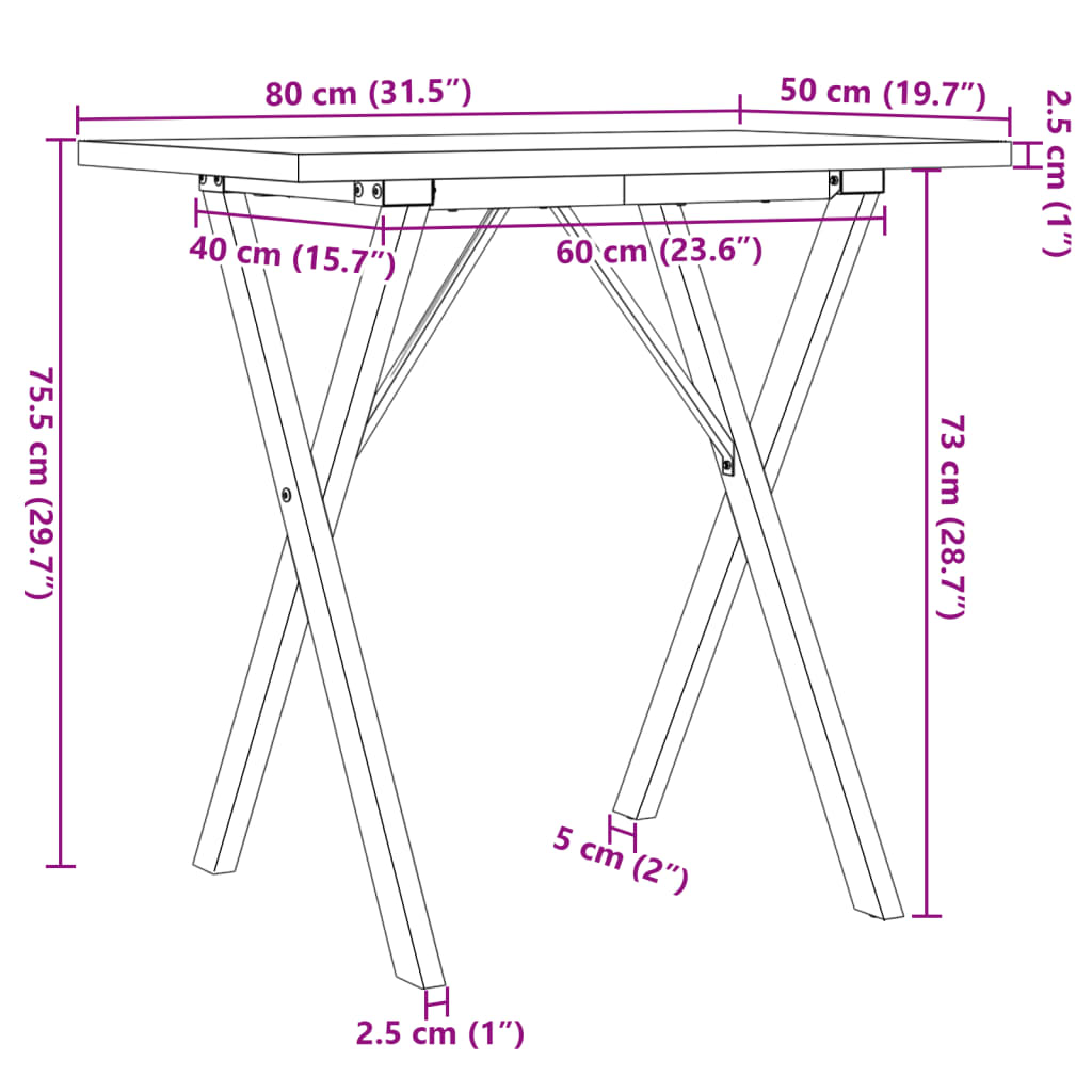 Mesa de jantar estrutura em X 80x50x75,5 cm pinho/ferro fundido