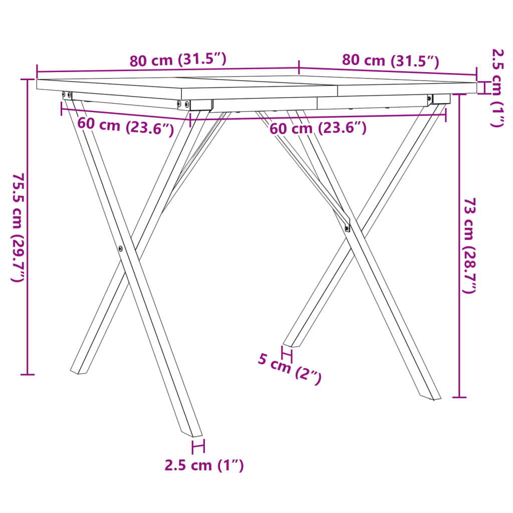 Mesa de jantar estrutura em X 80x80x75,5 cm pinho/ferro fundido