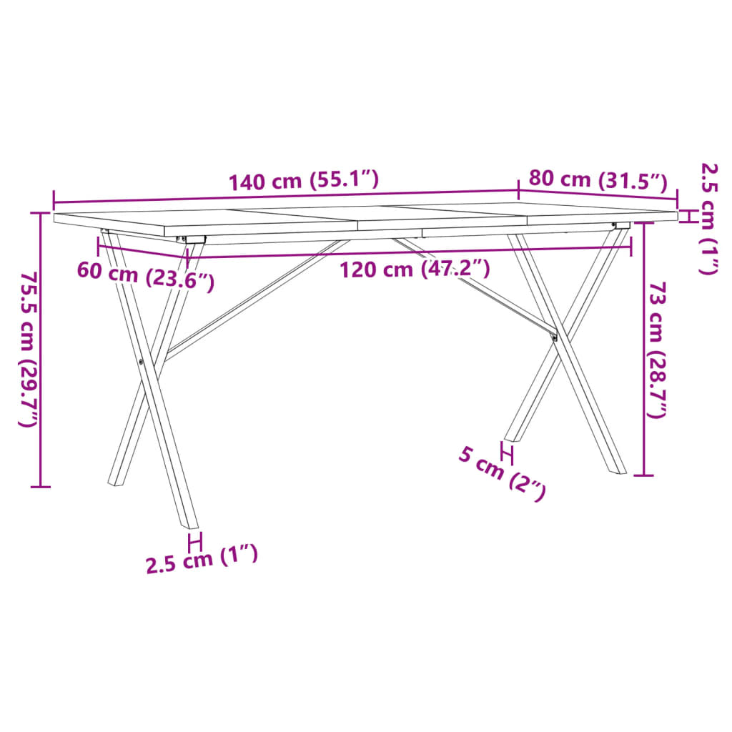 Mesa de jantar estrutura em X 140x80x75,5cm pinho/ferro fundido