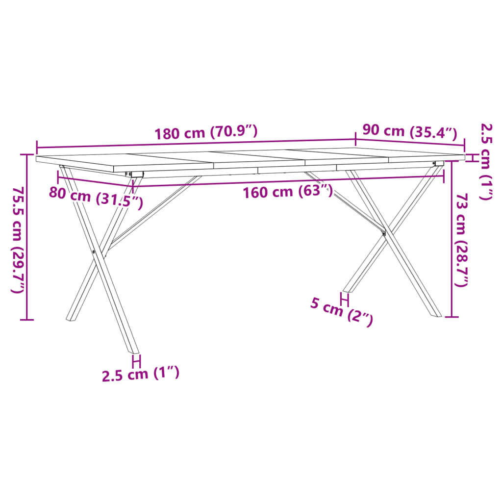 Mesa de jantar estrutura em X 180x90x75,5cm pinho/ferro fundido