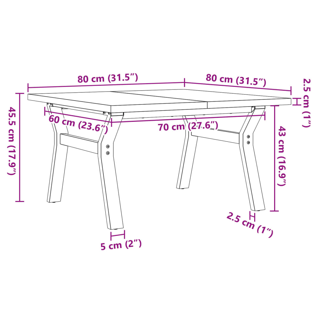 Mesa de centro estrutura em Y 80x80x45,5 cm pinho/ferro fundido