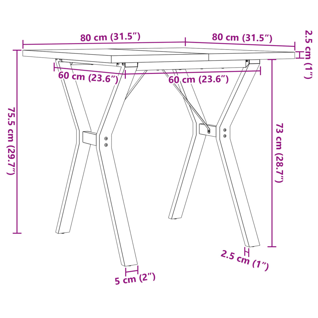 Mesa de jantar estrutura em Y 80x80x75,5 cm pinho/ferro fundido