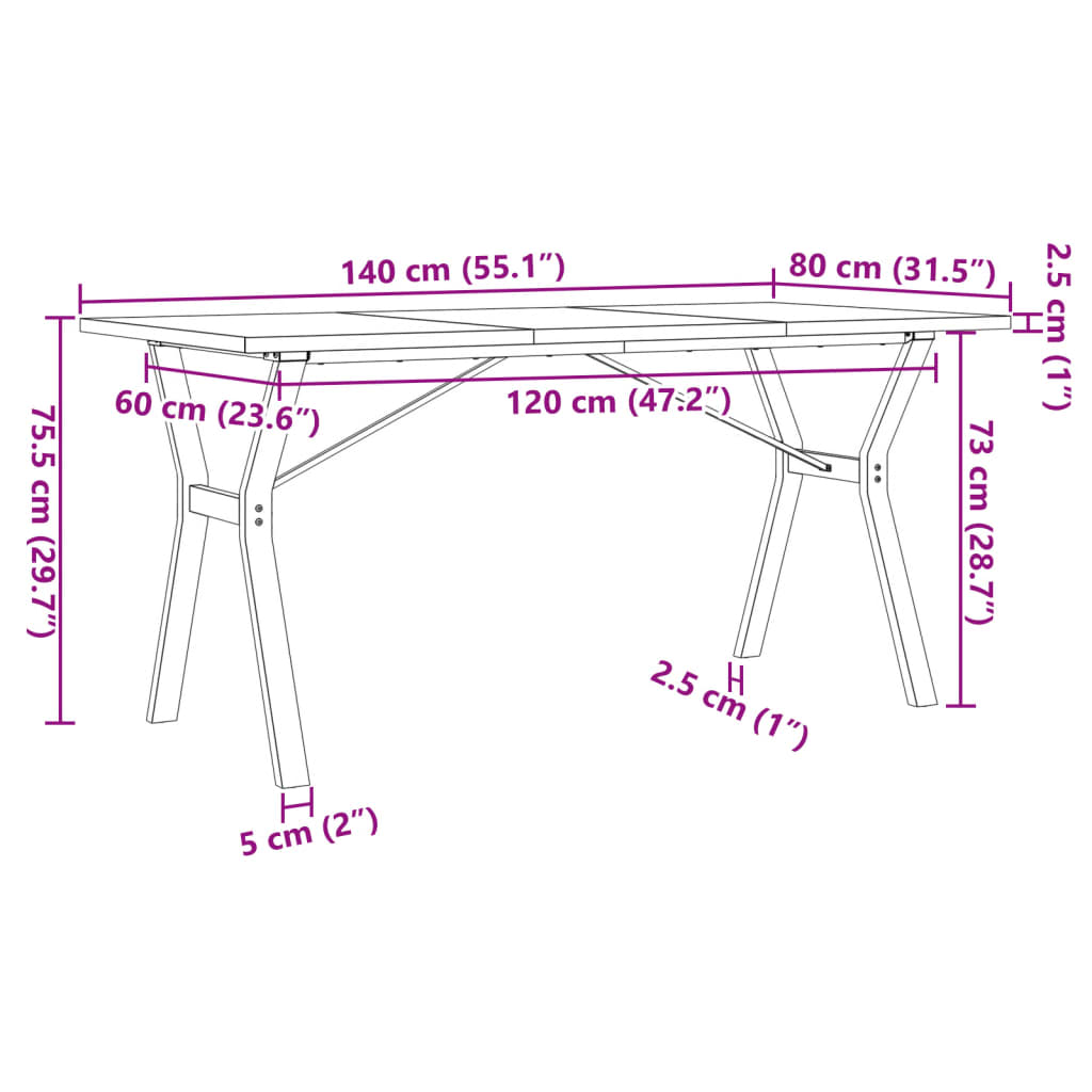 Mesa de jantar estrutura em Y 140x80x75,5cm pinho/ferro fundido