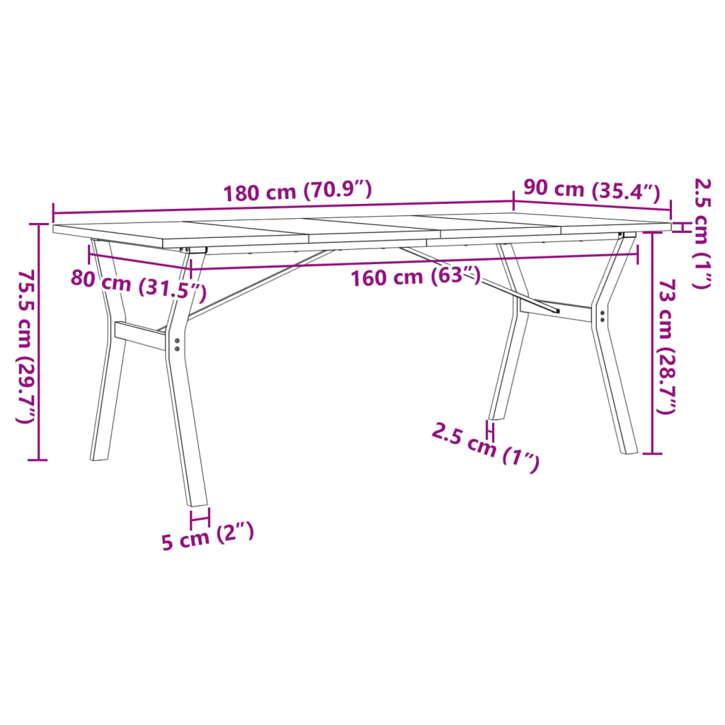 Mesa de jantar estrutura em Y 180x90x75,5cm pinho/ferro fundido