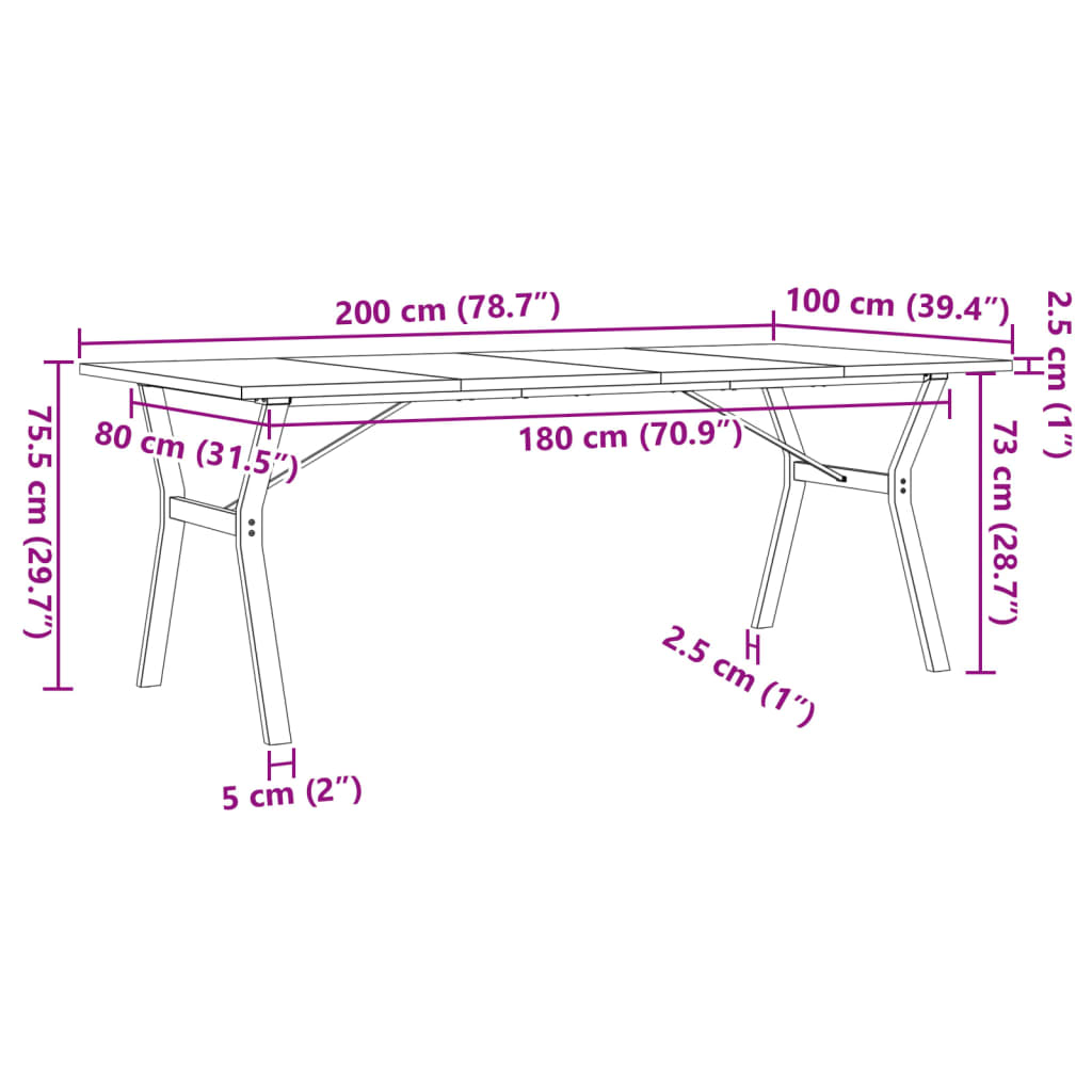 Mesa de jantar estrutura X 200x100x75,5 cm pinho/ferro fundido