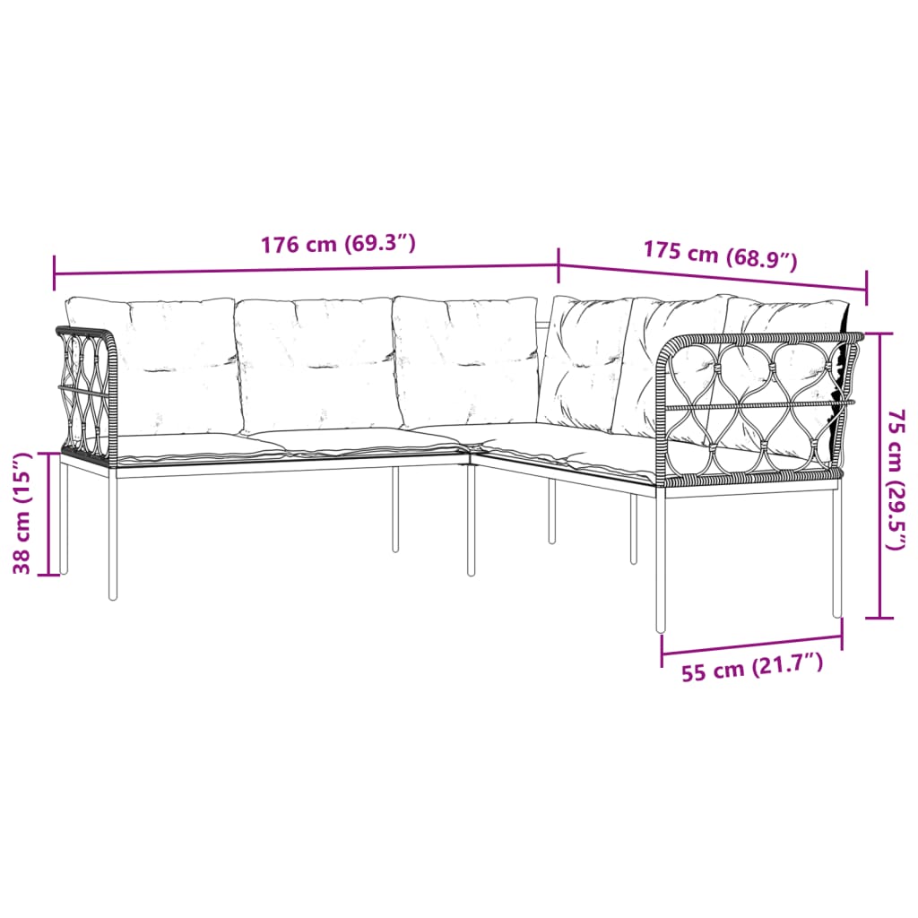 Conjunto de sofás de jardim c/ almofadões aço/textilene preto