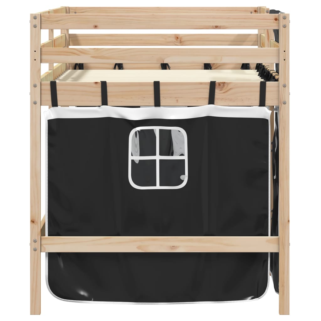 Cama alta criança c/ cortina 80x200cm pinho maciço branco/preto