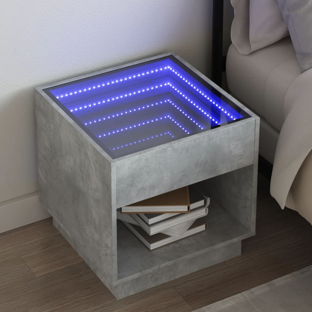 Mesa de cabeceira c/ LED Infinity 50x50x50 cm cinzento cimento