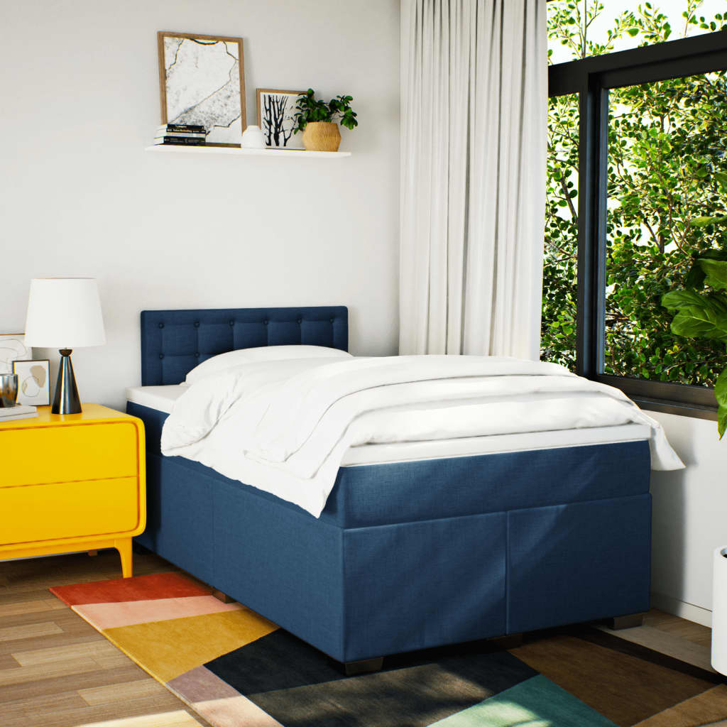 Cama boxspring com colchão 120x190 cm tecido azul