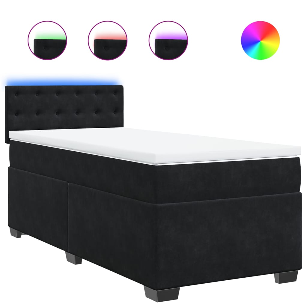 Cama Box Spring com Colchão de Solteiro - Veludo Preto - Com Luzes Led