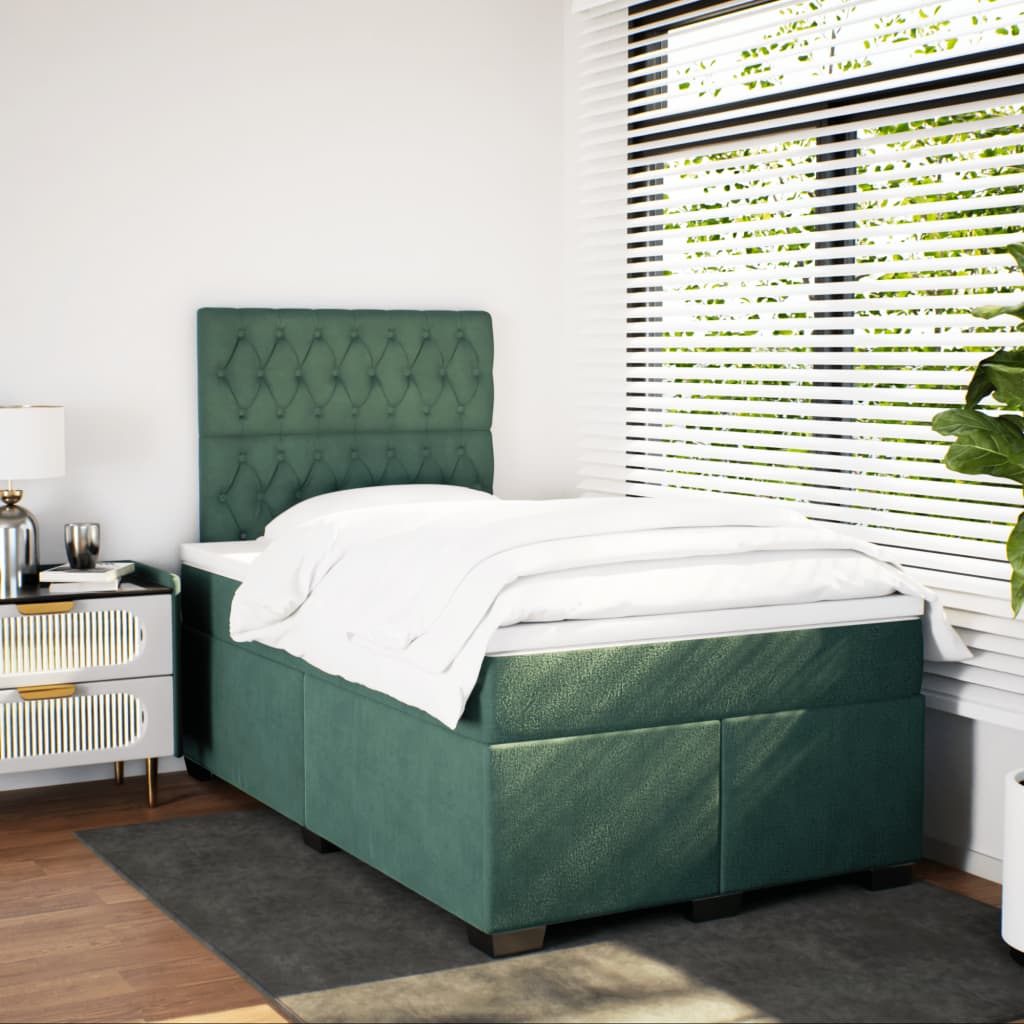 Cama boxspring com colchão 120x200 cm veludo verde-escuro