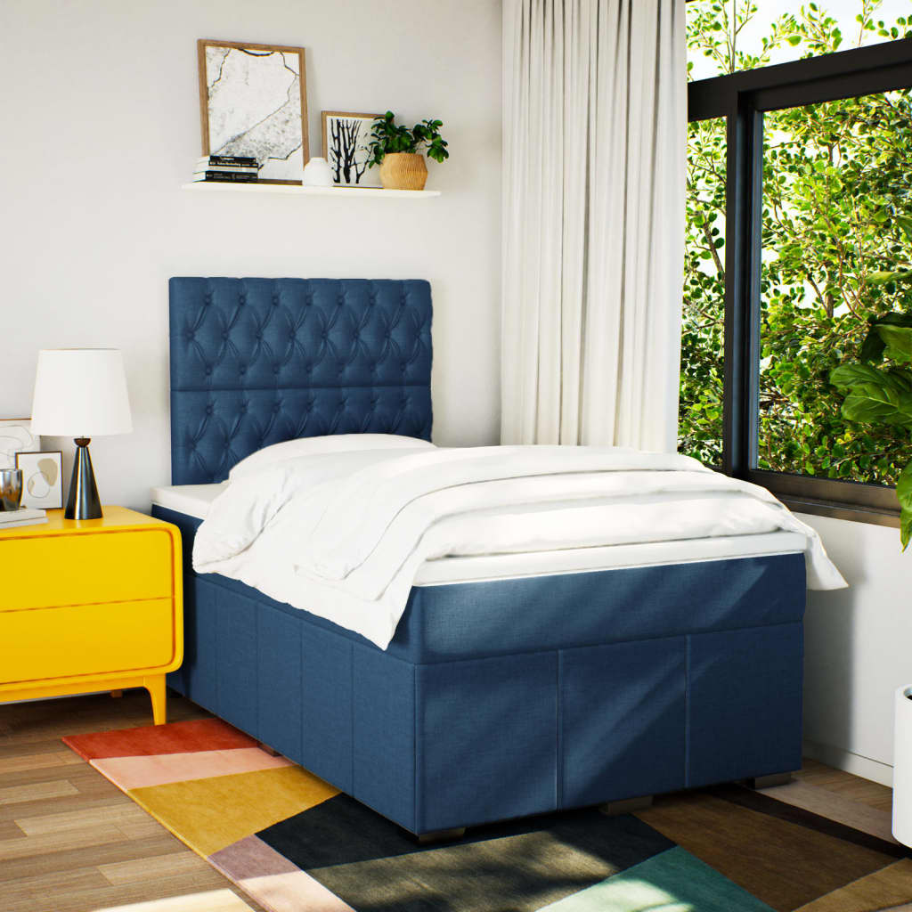 Cama boxspring com colchão 120x190 cm tecido azul