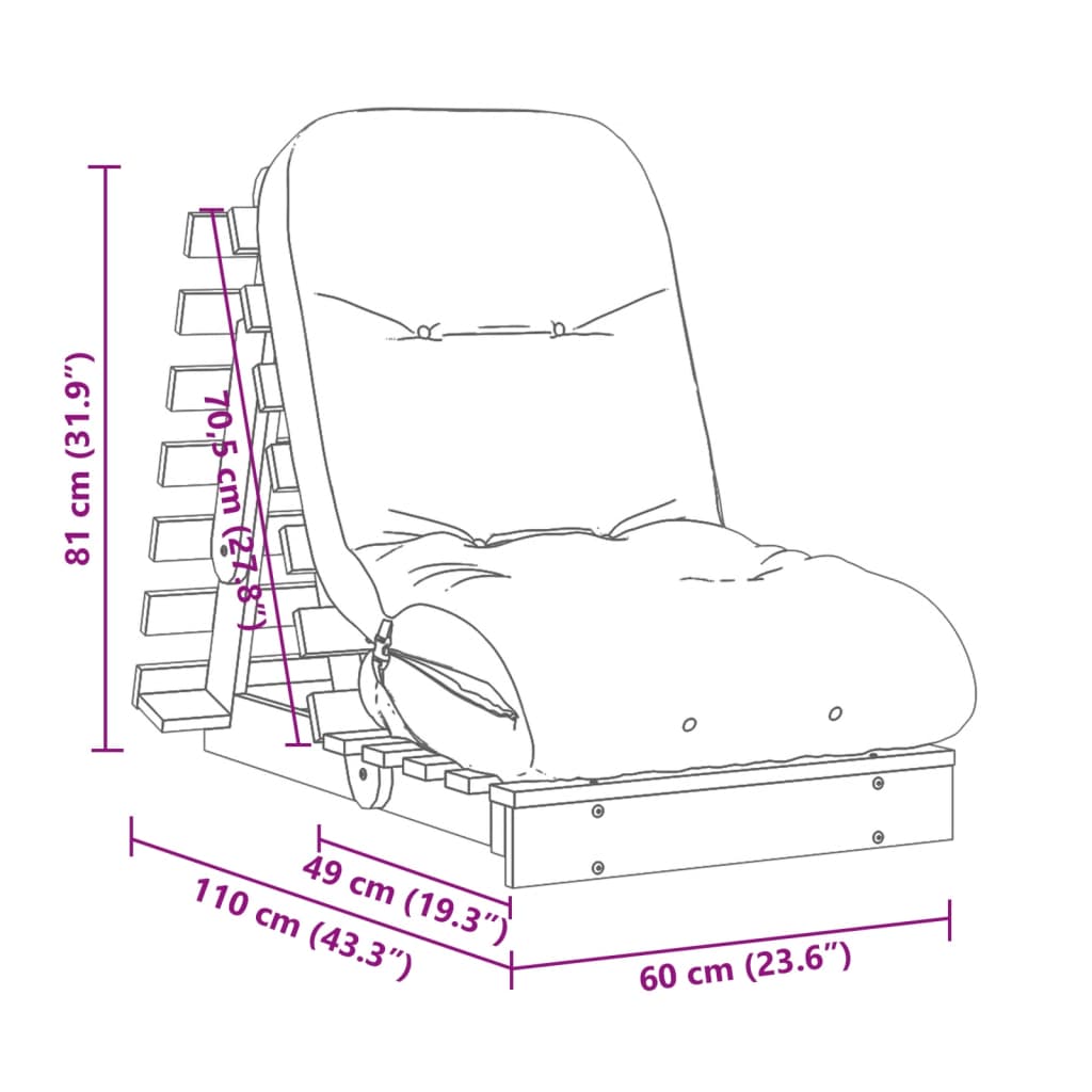 Sofá-cama futon com colchão 60x206x11 cm madeira pinho maciça