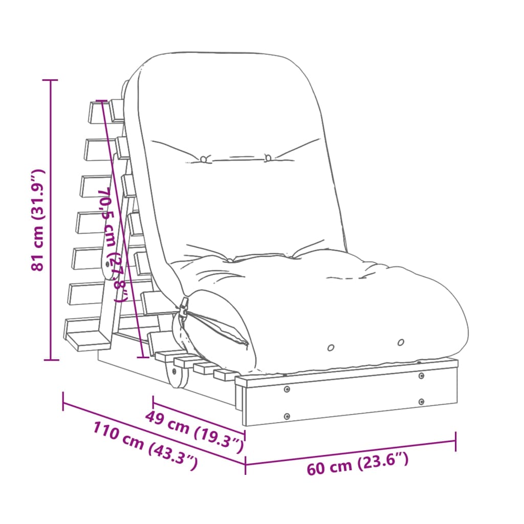 Sofá-cama futon c/ colchão 60x206x11cm madeira pinho impregnada