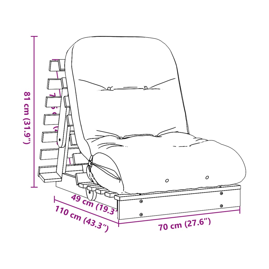 Sofá-cama futon com colchão 70x206x11 cm madeira pinho maciça