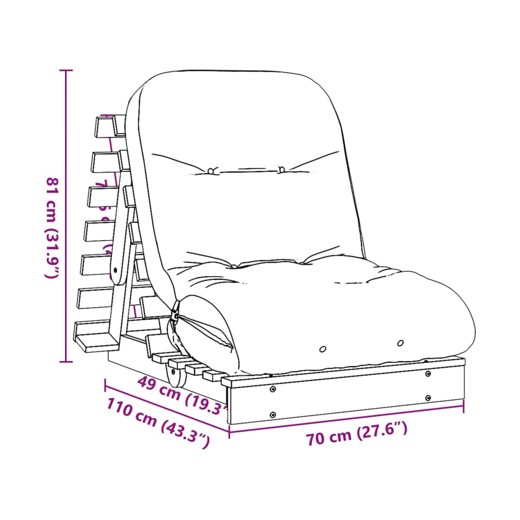 Sofá-cama futon com colchão 70x206x11 cm madeira douglas maciça