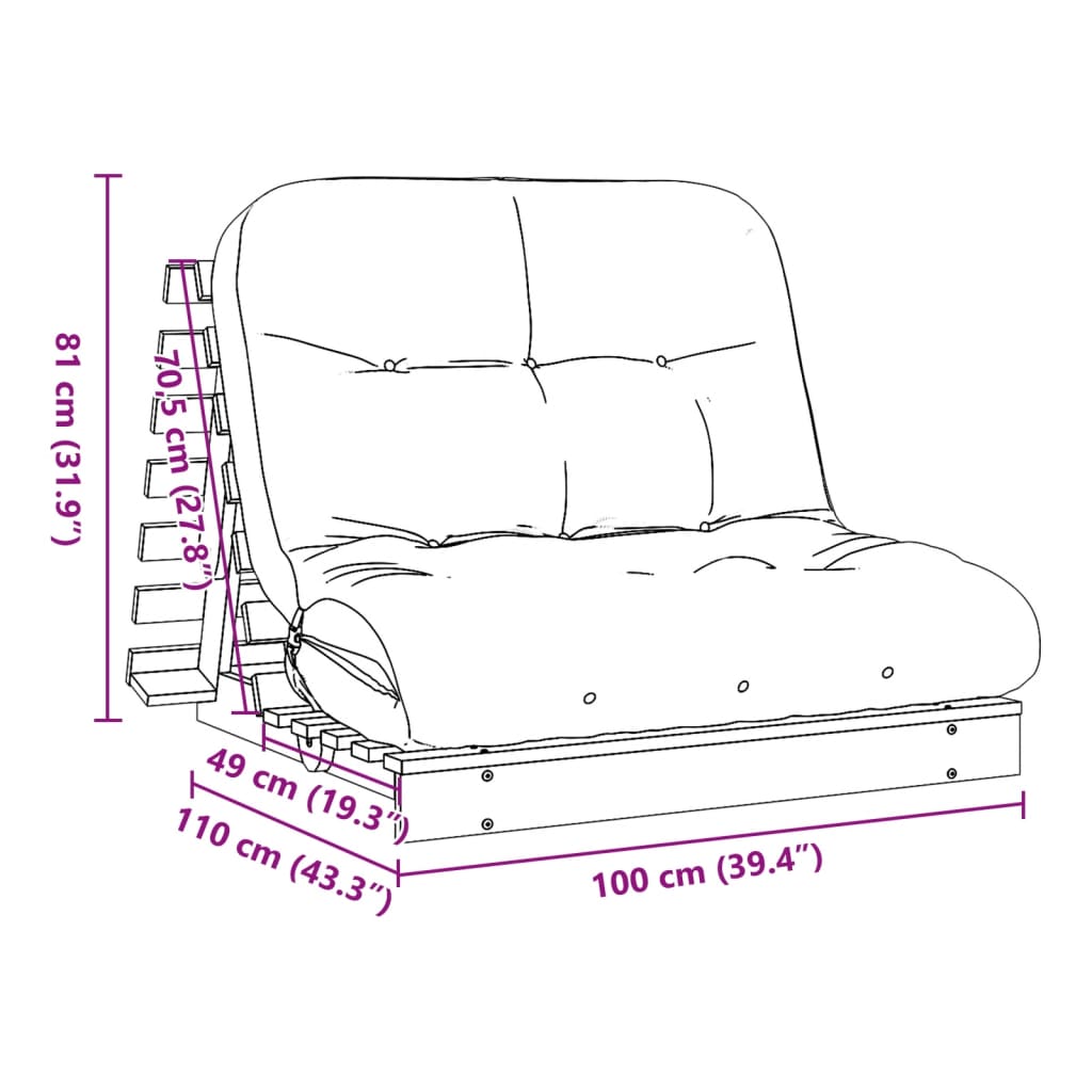 Sofá-cama futon c/ colchão 100x206x11 cm madeira douglas maciça