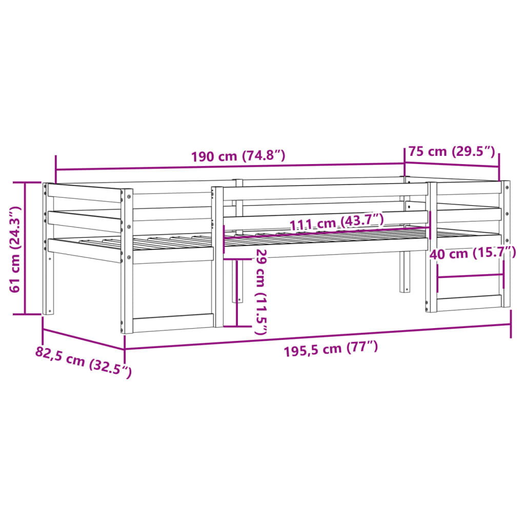 Estrutura de cama infantil 75x190 cm madeira de pinho maciça