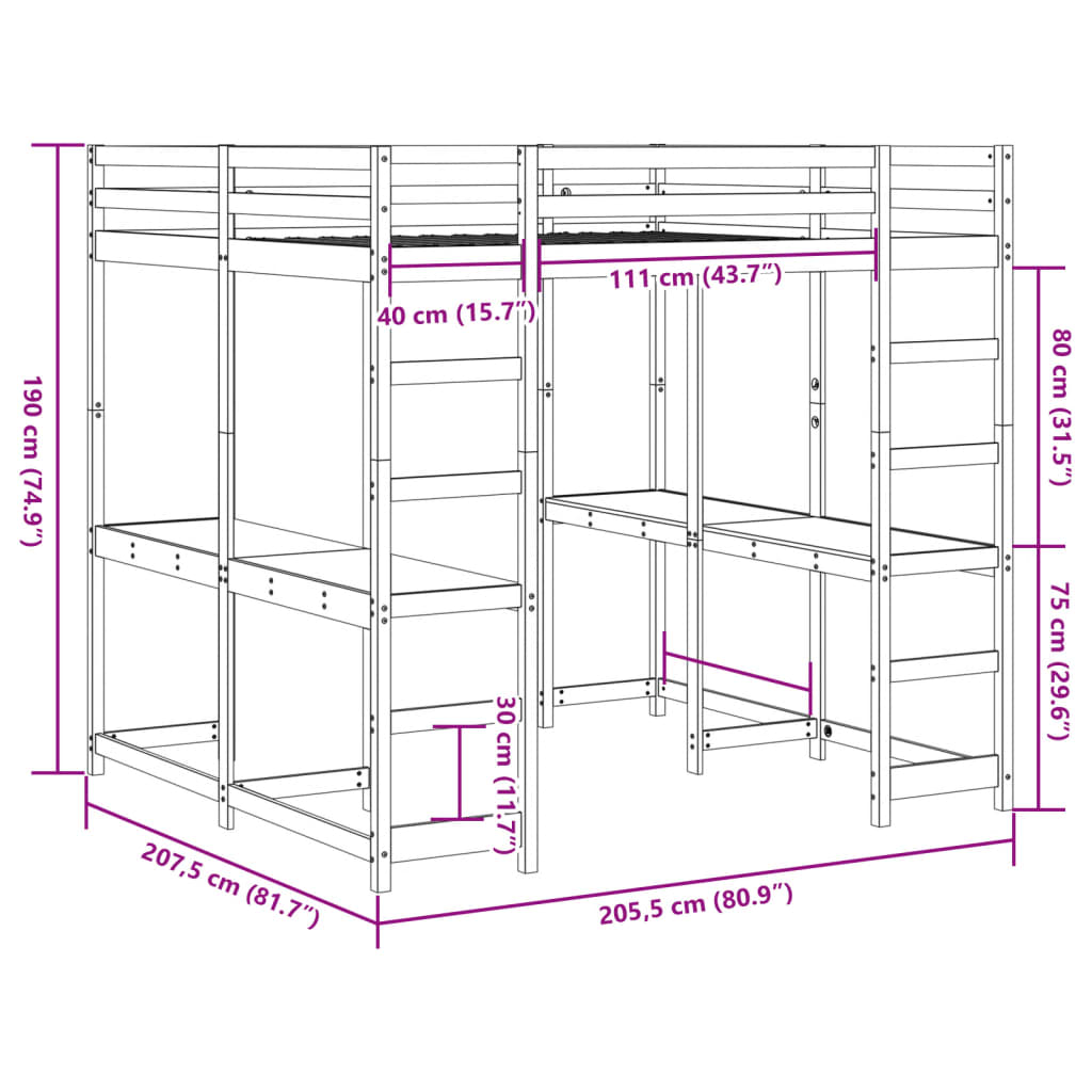 Cama alta c/ secretária e escada 200x200 cm pinho maciço branco