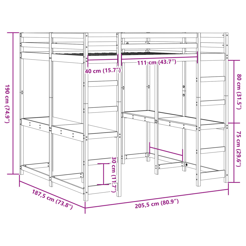 Cama alta c/ secretária e escada 180x200 cm pinho maciço branco