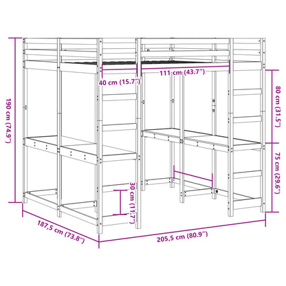 Cama alta c/ secretária e escada 180x200 cm pinho maciço branco