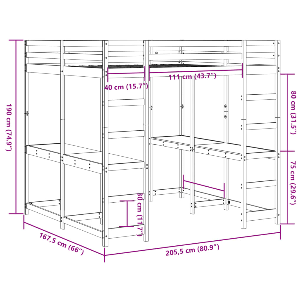 Cama alta c/ secretária e escada 160x200 cm pinho maciço branco