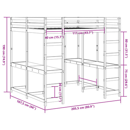 Cama alta c/ secretária e escada 160x200 cm pinho maciço branco