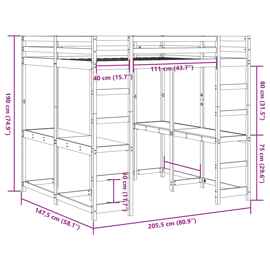 Cama alta c/ secretária e escada 140x200 cm pinho maciço branco