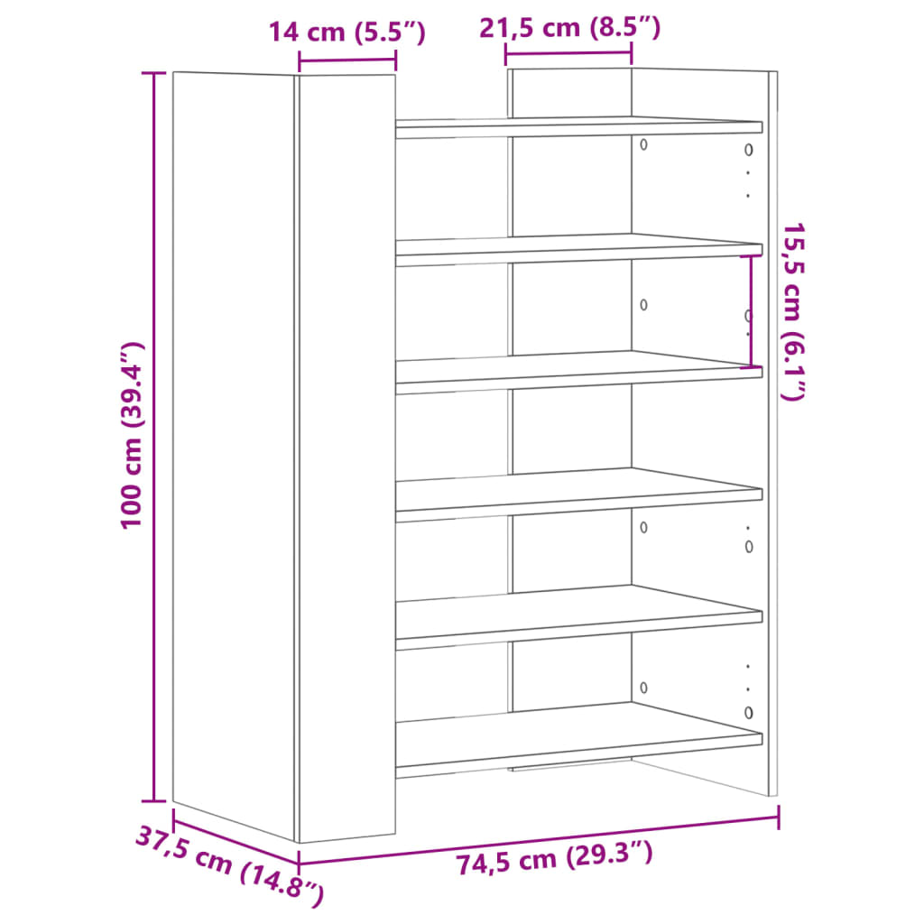 Sapateira 74,5x37,5x100 cm derivados de madeira cinzento sonoma